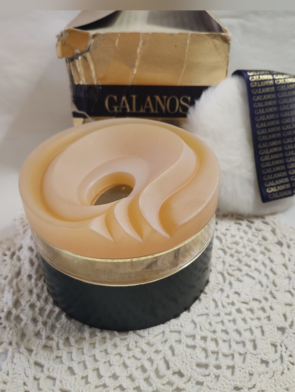 Vtg Galanos Deluxe Dusting Powder 8 Oz Open Box Ornate Vanity Lid Luxe Puff Rare